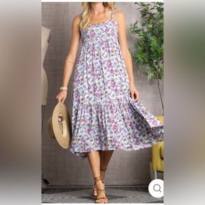 NWOT Lavender Floral Lined Spaghetti Strap Midi Dress Summer Y2K Bohemian Dress